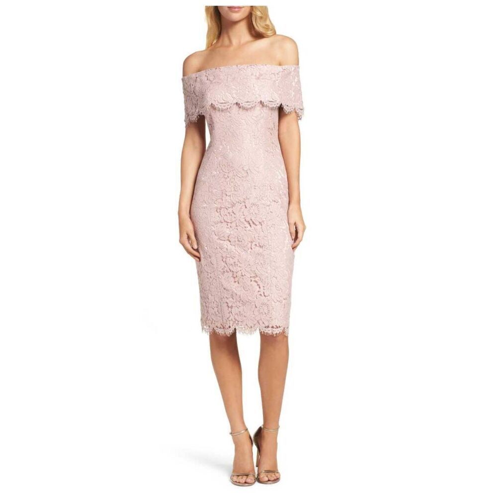 Eliza J Blush Pink Eyelash Lace, Off the Shoulder Sheath Dress, NWT, Sz. 12
